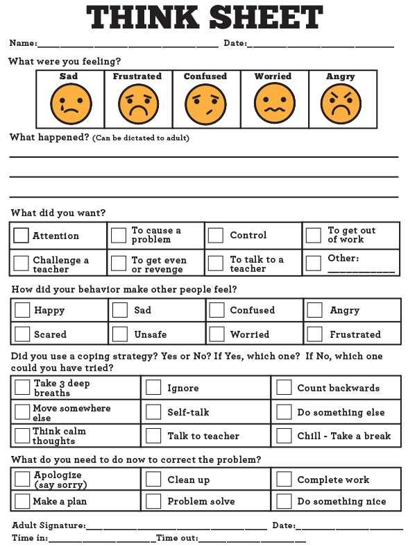 Behavior Reflection Think Sheet